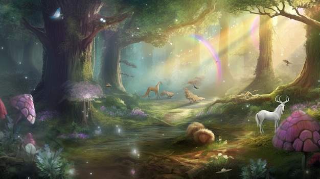 A forest scene with a forest scene and a rainbow and animals.