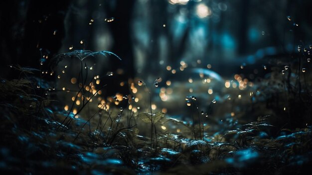 A forest scene with a glowing fireflies in the foreground