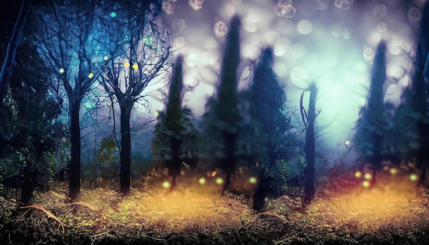 A forest scene with a glowing forest and a glowing forest with a glowing tree in the foreground.