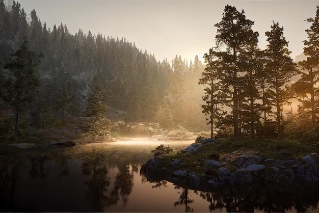 A forest scene with a lake and trees in the foreground.