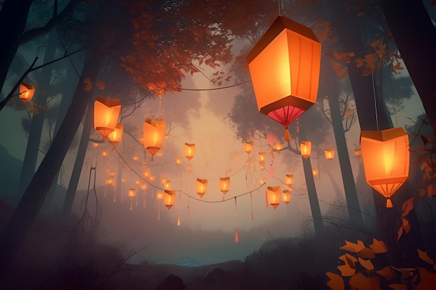 A forest scene with lanterns hanging from the trees and the words " lantern " on the bottom.