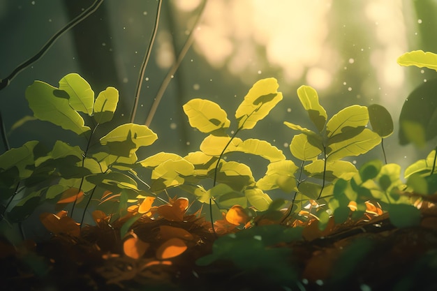 A forest scene with leaves and the sun shining on the ground.