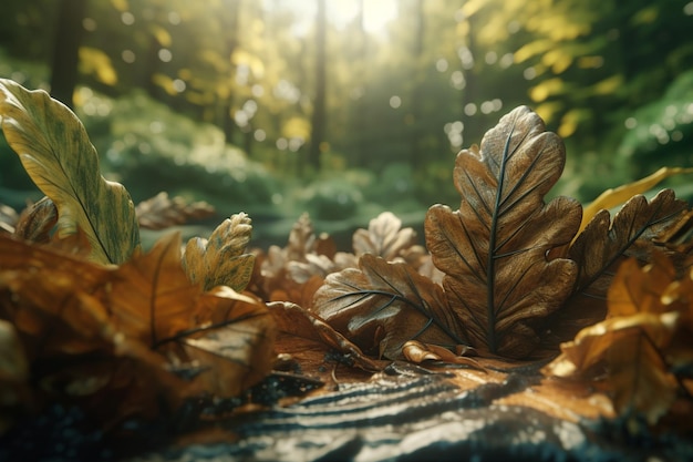 A forest scene with leaves and a tree with the sun shining on it.