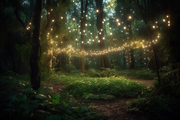 A forest scene with lights hanging from the ceiling