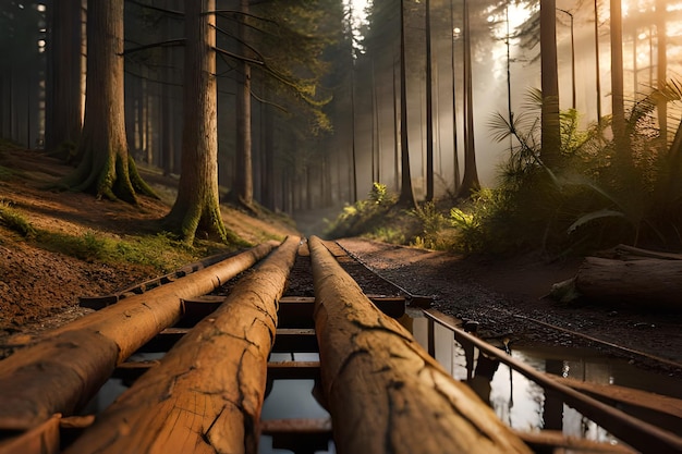 A forest scene with a log bridge in the foreground and the sun shining through the trees.