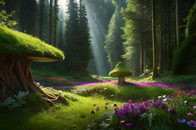 A forest scene with a mushroom and a sunbeam