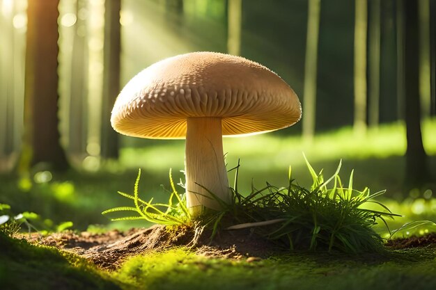 A forest scene with a mushroom and a sunbeam