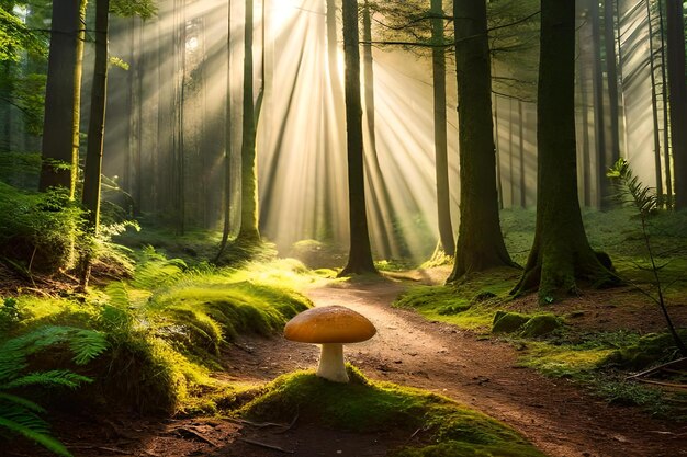 A forest scene with a mushroom and a sunbeam