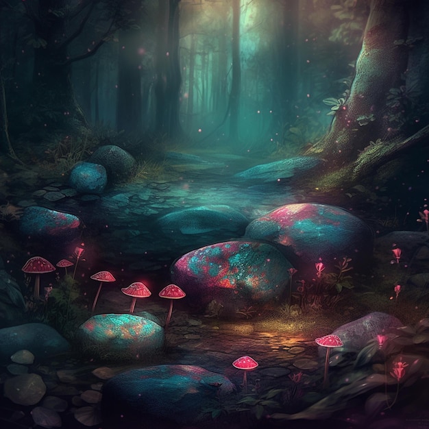 A forest scene with mushrooms and a blue and red mushroom.