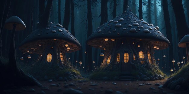 A forest scene with mushrooms in the dark