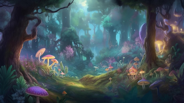 A forest scene with mushrooms and a purple ball on the ground.