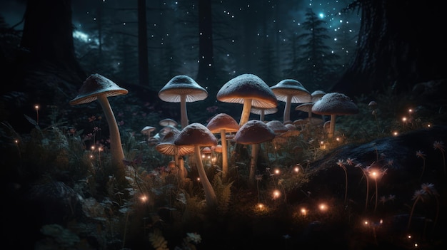 A forest scene with mushrooms and a starry sky.