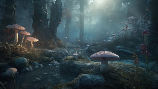 A forest scene with mushrooms and a stream.