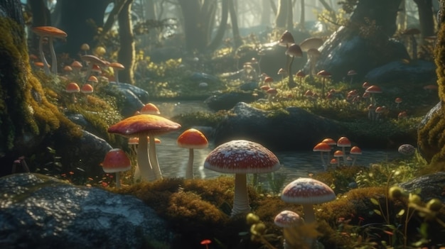 A forest scene with mushrooms and a stream.