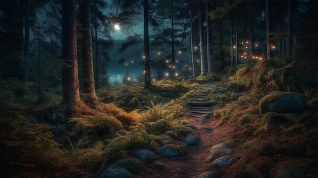 A forest scene with a path leading to the lights.