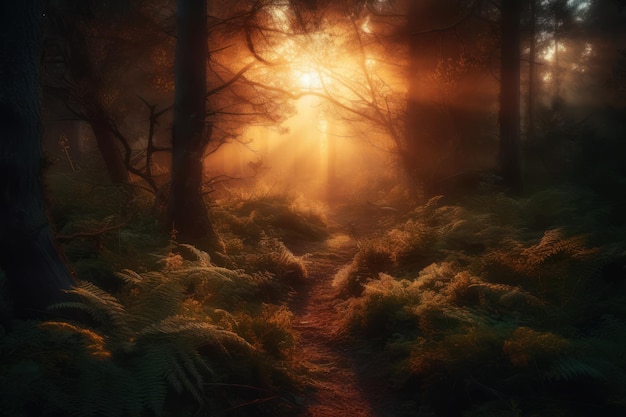 A forest scene with a path leading to the sun shining through the trees.