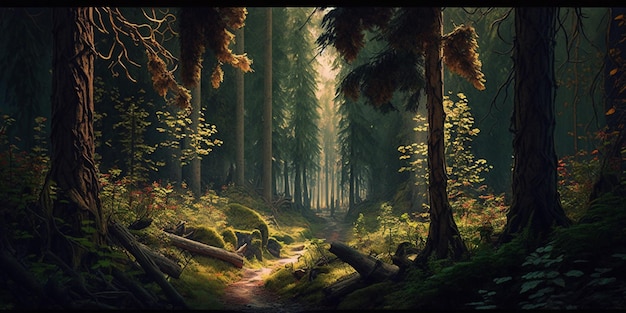 a scene from the video game the last of us showing a path through a forest  with flowers and trees generative ai 28376680 Stock Photo at Vecteezy