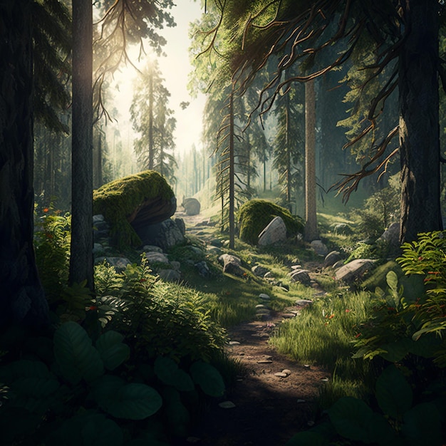 A forest scene with a path that has the word forest on it.