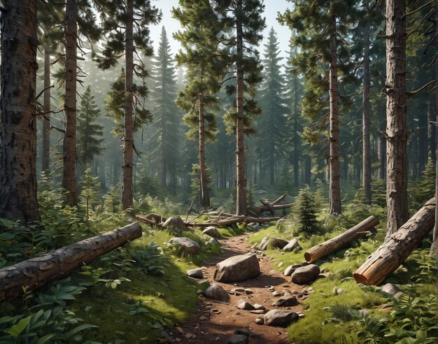 a forest scene with a path through the trees