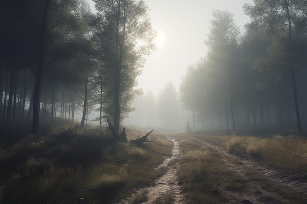 A forest scene with a path and trees in the fog.