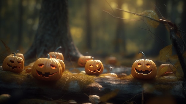 A forest scene with pumpkins with the word halloween on the front.