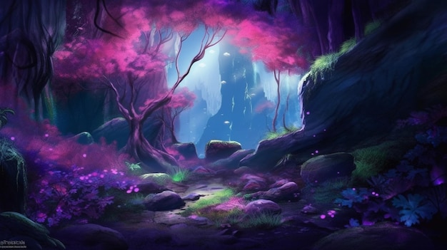 A forest scene with a purple tree and a forest with a purple background.