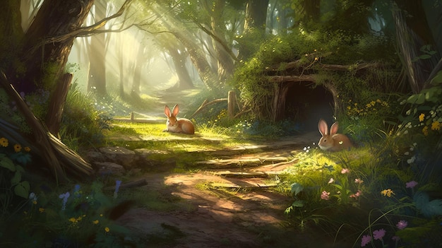 A forest scene with rabbits in the sun