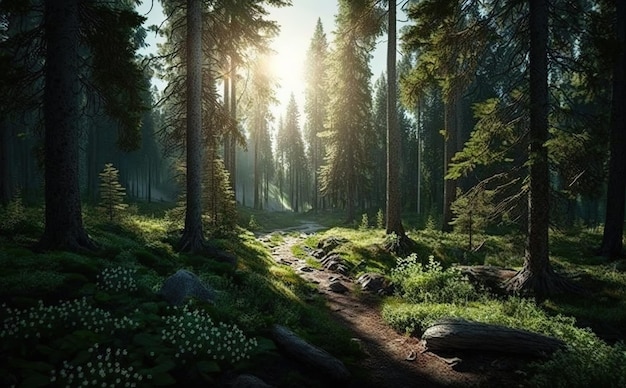 A forest scene with a sun shining on the ground