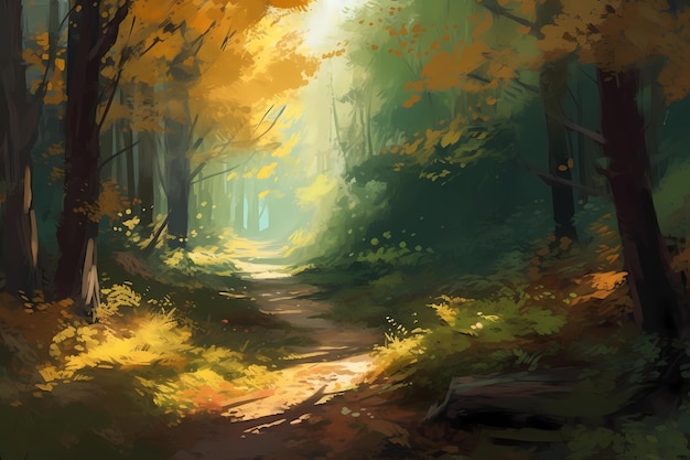 Forest scene with sunlight filtering through the trees