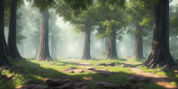Лесная сцена с деревьями и дорожкой с надписью «лес».