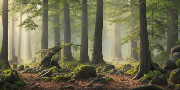 Photo a forest scene with trees and rocks in the foreground.