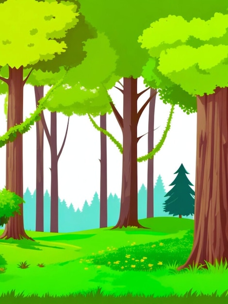Лесная сцена с различными лесными деревьями для детской истории