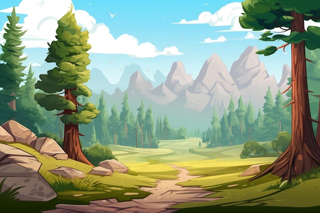 Forest scene with various forest trees and mountain background