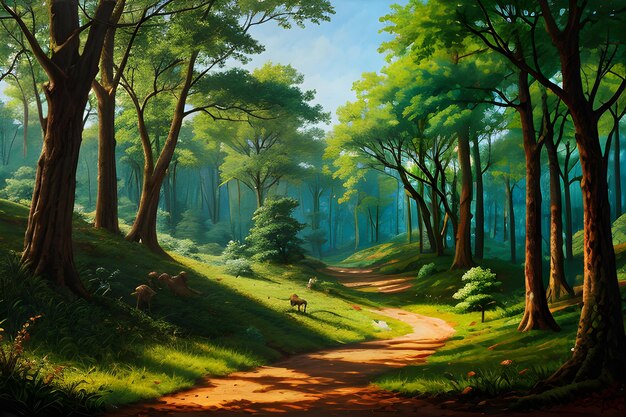 Forest scene with various forest trees