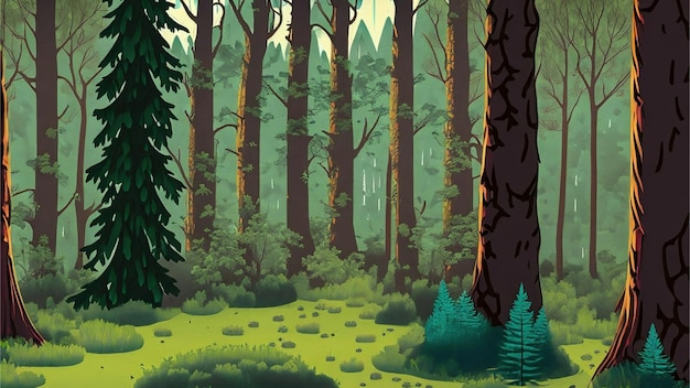 Forest scene with various forest trees