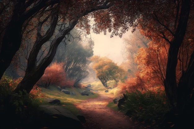 Forest scenery with trees rocks and pathway created using generative ai technology