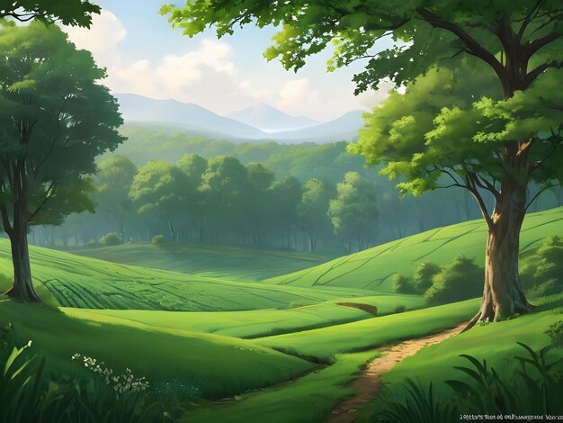 Forest scenes with green fields