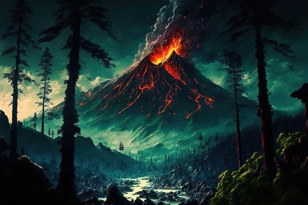 Foto ambientazione forestale con un'eruzione vulcanica