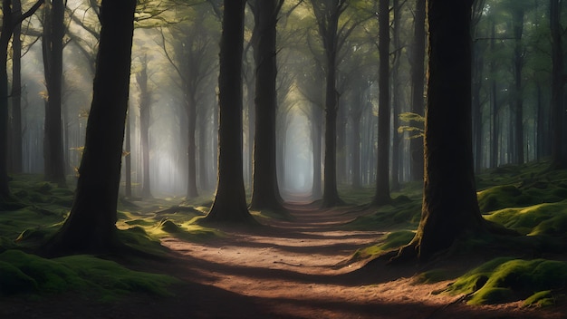 Foto la foresta avvolta nel mistero con gli alberi che si archano elegantemente sopra la testa e sotto i piedi