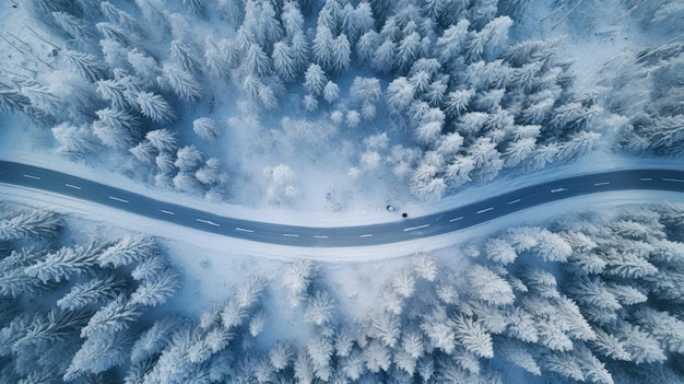 Forest in snow Snowy forest road Forest road from above