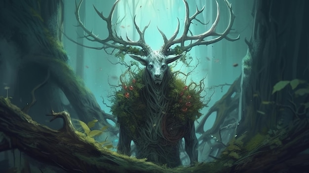 A forest spirit with antlers and vines Fantasy concept Illustration painting Generative AI