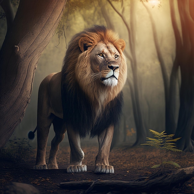 Forest standing animal lion roaring AI Generated