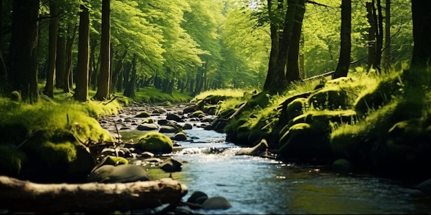 Photo a forest stream flows in the shade river stream in forest forest river stream flow generative ai