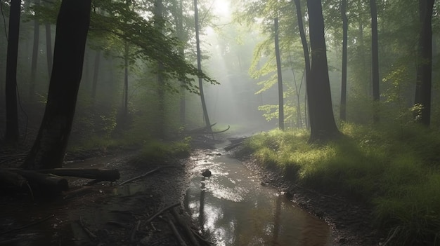 A forest stream with a light in the middle