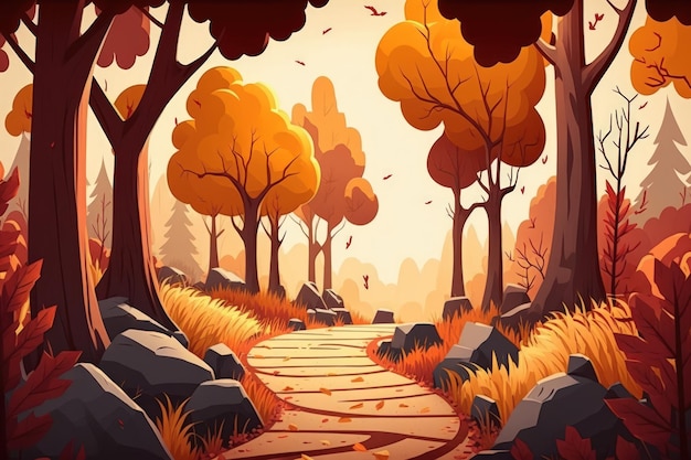 太陽の下の森 秋の森の小道 秋の森 紅葉の情景 ジェネレーティブ AI