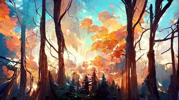 Forest in the sunny morning 3D illustration