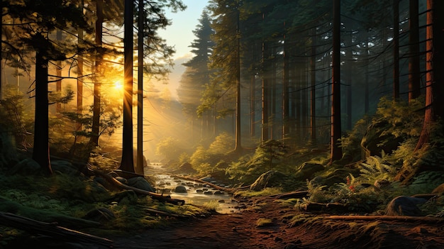 日の出の光が差し込む森