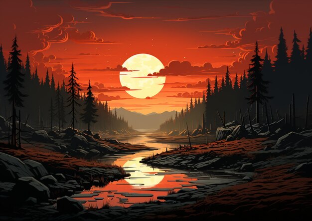 forest sunset landscape illustration