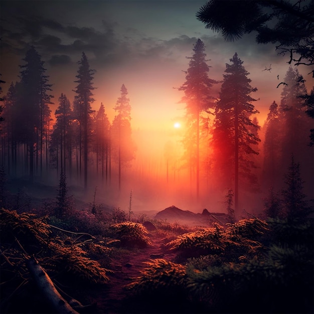 Forest sunset or sunrise landscape background