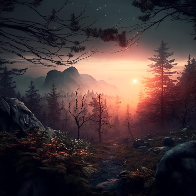 森の夕日や日の出の風景の背景